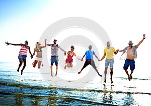 Diverse Beach Summer Friends Fun Jump Shot Concept