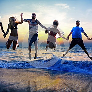 Diverse Beach Summer Friends Fun Jump Shot Concept