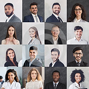 Diverse Business People Portraits In A Row, Gray Backgrounds, Collage