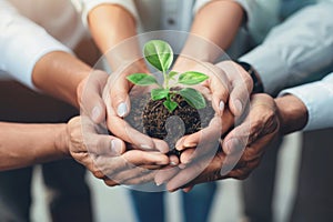 Diverse business people show unity by holding a small plant together, symbolizing teamwork and growth