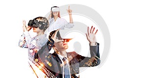 Diverse business people in vr glasses, hands touching on white background