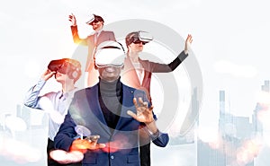 Diverse business people working in vr glasses, New York cityscape