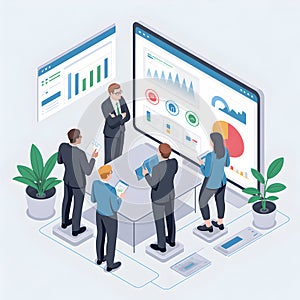 Diverse business team analyzing data on large screen and tablets isometric view analysis