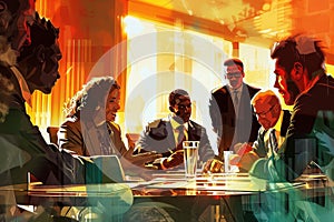 Diverse Business Team Meeting Around Table, A creative rendering of a multiethnic business team interacting and networking in a