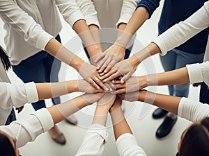 Diverse business team showing unity and collaboration, hands stacked