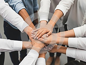 Diverse business team stacking hands for unity and common goal