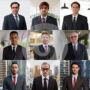 Diverse businessman people faces collage outdoors as team concept