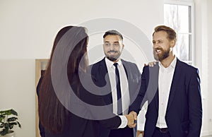 Diverse businesspeople handshake get acquainted