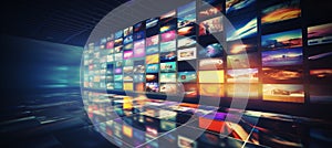 Diverse channel images in abstract multimedia background for web streaming media tv video technology