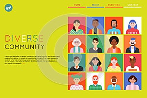 Diverse characters community landing page. People faces. Geometric collage. Abstract mosaic group. Persons in trendy