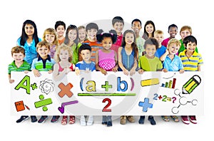 Diverse Cheerful Children Holding Mathematical Symbols