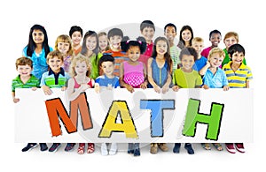 Diverse Cheerful Children Holding the Word Math