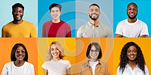 Diverse Cheerful Millennial People Posing Over Bright Backdrops, Creative Collage