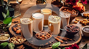 diverse coffee cups surrounded by an array of nuts and spices