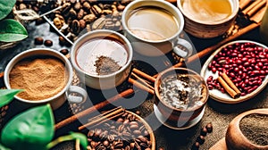 diverse coffee cups surrounded by an array of nuts and spices