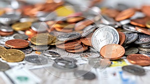 Diverse coins on a light wooden surface photo