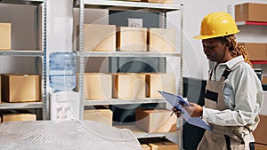 Diverse colleagues counting products on warehouse racks