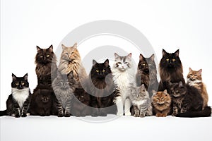 Diverse collection of cat breeds, including both big and small, isolated on white background