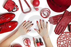 A diverse collection of clothing and accessories in red