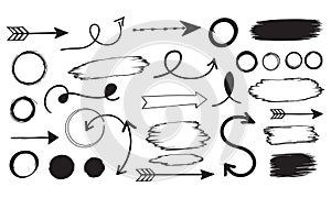 Hand drawn arrows circles and brush strokes black ink