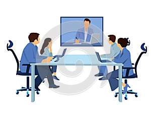 diverse company employees having online business conference video call on tv screen monitor in board meeting room. Videoconference