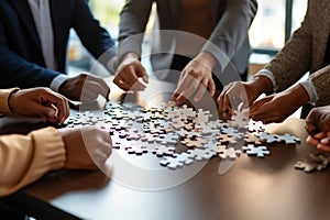 Diverse corporate office workers collaborate in a team building puzzles. Team work concept. Unity and synergy in