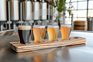 Diverse craft beer sampler on rustic wooden table in brewery setting
