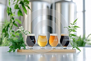 Diverse craft beer sampler on rustic wooden table in brewery setting