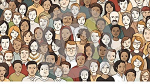 Diverse crowd of people - seamless banner of 100 different hand drawn faces of various ethnicities