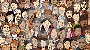 Diverse crowd of people - seamless banner of 100 different hand drawn faces of various ethnicities