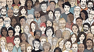 Diverse crowd of people - seamless banner of 100 different hand drawn faces of various ethnicities