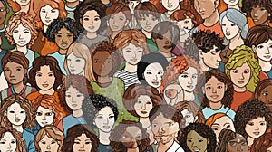 Diverse crowd of people - seamless banner of 100 different hand drawn faces of various ethnicities