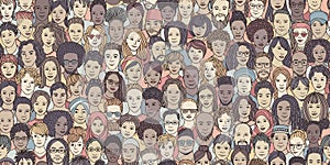 Seamless banner of diverse hand drawn faces photo