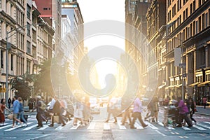 Diverse crowds of people walking across a busy intersection on 5th Avenue in Manhattan, New York City with sunlight background