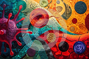 A Diverse Display of Colors and Shapes, An ethnic painting showcasing the functions of different blood cells, AI Generated