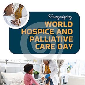 Diverse doctor examining girl in hospital and recognising world hospice and palliative care day text