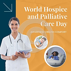 Diverse doctor and patients with world hospice and palliative care day, awareness creates comfort