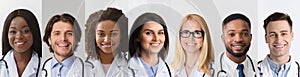 Diverse Doctors Portraits In Collage, Happy Medical Workers Headshots Row