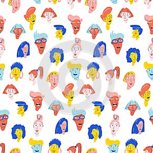 Diverse Eclectic Faces Seamless Pattern in Bold vibrant Colors for Creative Design