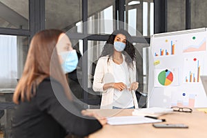 Diverse employees wearing medical masks in the modern office