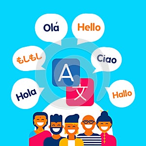 Diverse ethnic people group using translation app