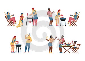 Diverse families have barbecue party, flat vector illustration. Black and white people make and eat grill food outside.