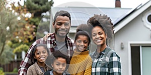 Diverse Family Poses Happily In Front Of Their Ecofriendly Solarpowered Home