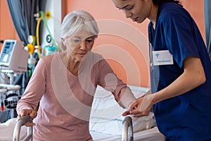 Diverse female doctor helping senior female patient use walking frame, copy space