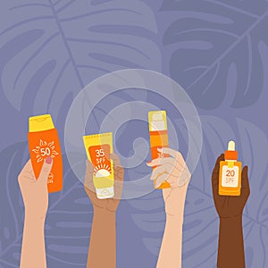 Diverse female hands hold sunscreen products. SPF protection and sun safety concept. Set of sunscreen bottle, cream, lotion with