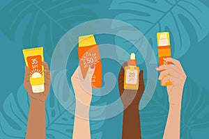 Diverse female hands hold sunscreen products. SPF protection and sun safety concept. Set of sunscreen bottle, cream, lotion with