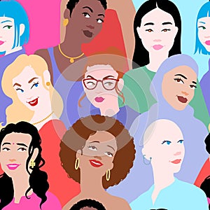 Diverse female portrait, seamless pattern with beautiful women of various ethnic groups. International Women`s day 8 March.
