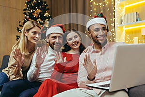 diverse friends celebrating New Year and Christmas together home, Christmas party with guests, men and women smiling and
