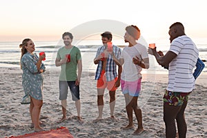 Diverse friends enjoy a beach party at sunset