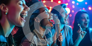 Diverse Friends Enjoying Karaoke, Laughter, And Fun At A Nightclub Party